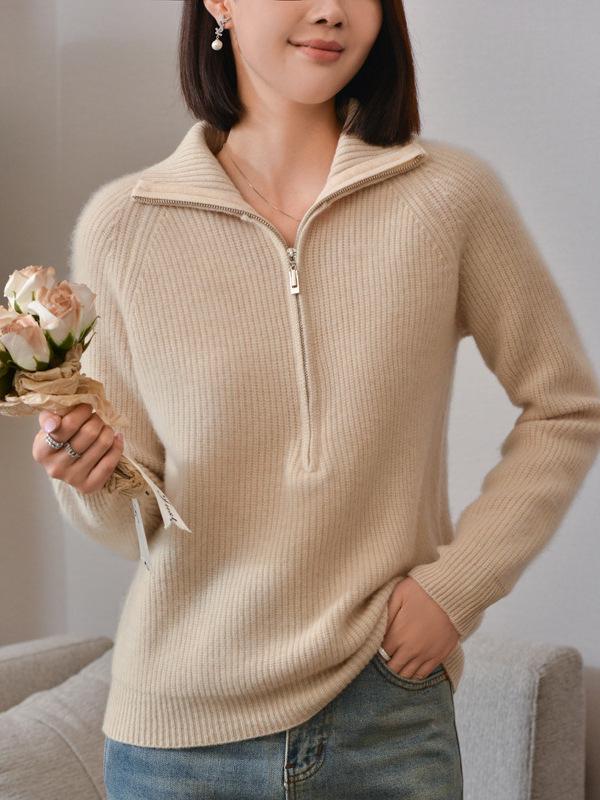 Women's Versatile Wool Half-Zip Stand Collar Sweater - Long Sleeve Knitwear for Autumn and Winter