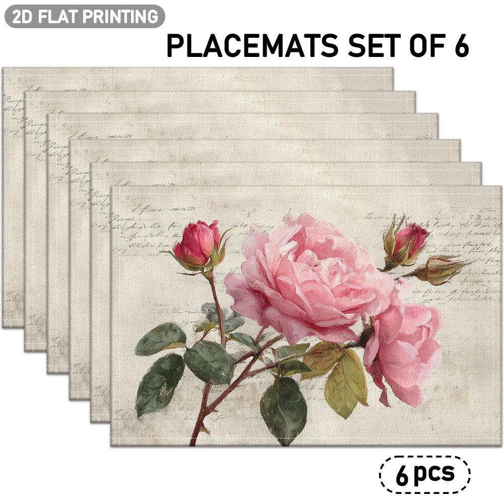 4/6pcs, Vintage Pink Rose Floral And Handwritten Pattern Placemats, Suitable for Romantic Ambiance, Indoor Table Decoration, Restaurant Table Decorati