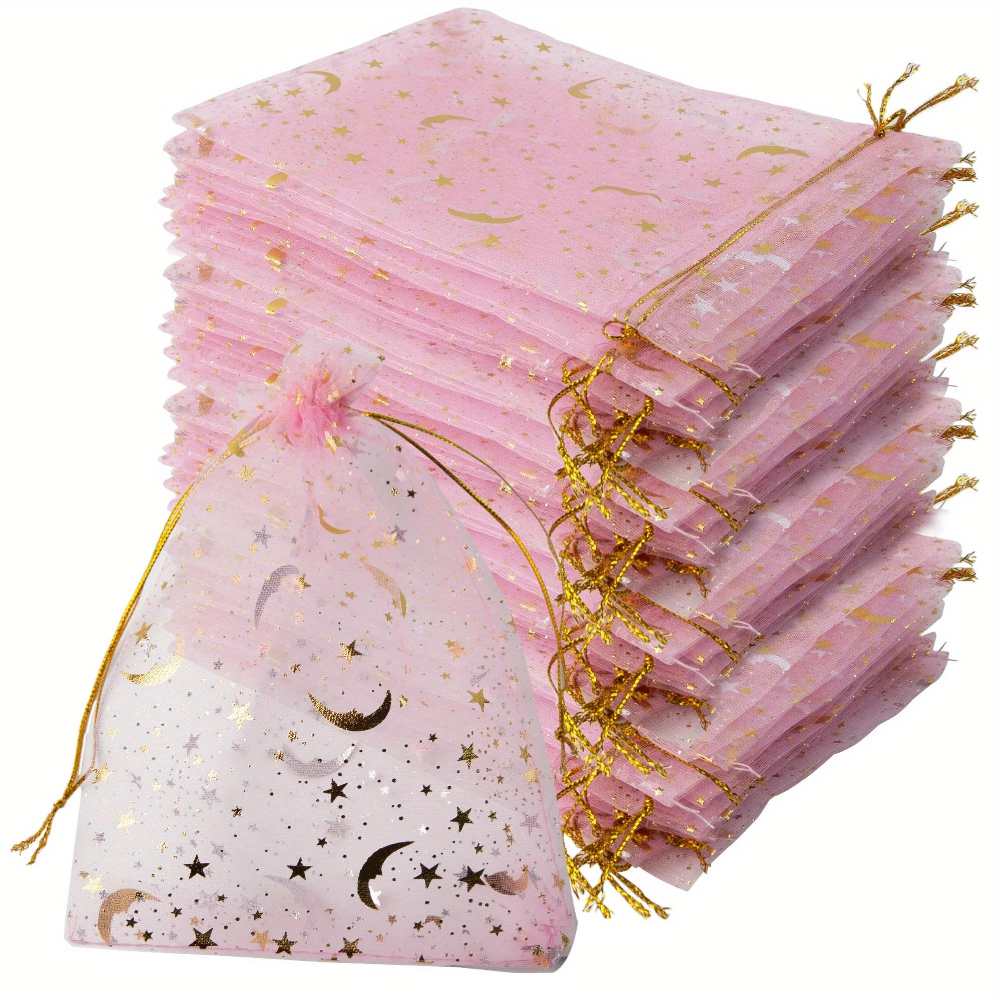 

50 шт. Розовые мешочки из органзы с кулиской с рисунком луны и звезд, подарочные мешочки для ювелирных изделий, мешочки из органзы с золотыми звездами для рождественской свадьбы 7x9cm-2.7x3.5in