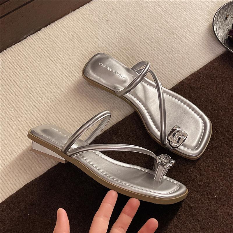 Thick heel high-end rhinestone cool slippers fairy shoes new summer temperament silver toe slippers