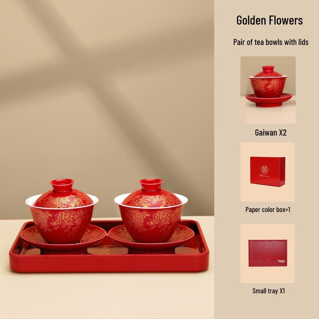 Double Happiness Newlywed Tea Set: Red Bowls, Chopsticks, and Spoons