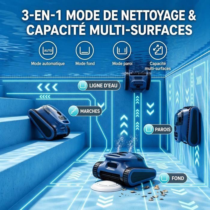 Robot Piscine sans Fil, Nettoie Sol/Parois/Ligne d’eau, 180Min&200m² d'Autonomie, Robot Aspirateur, Filtration Ultra-Fine, avec APP