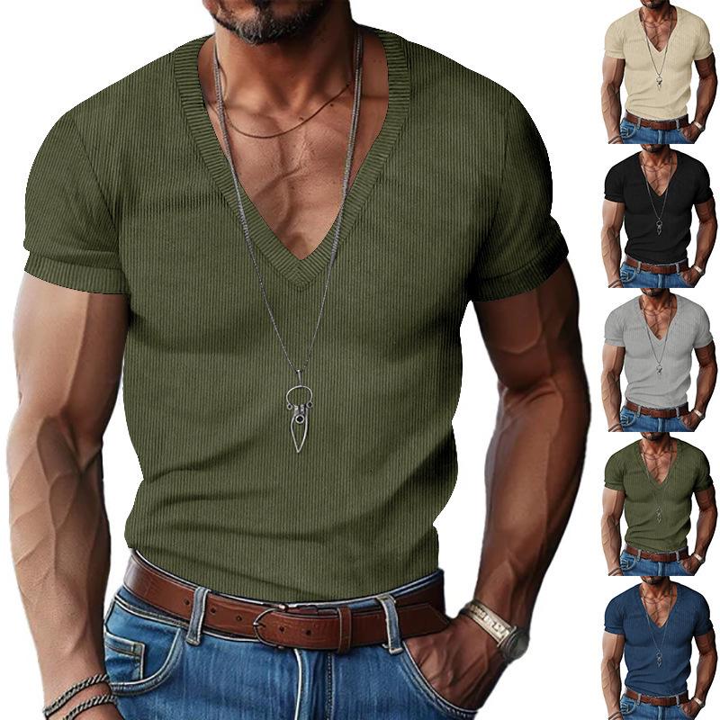 Men's V-neck Slim Fit Corduroy Casual Short Sleeve T-shirt, Solid Color