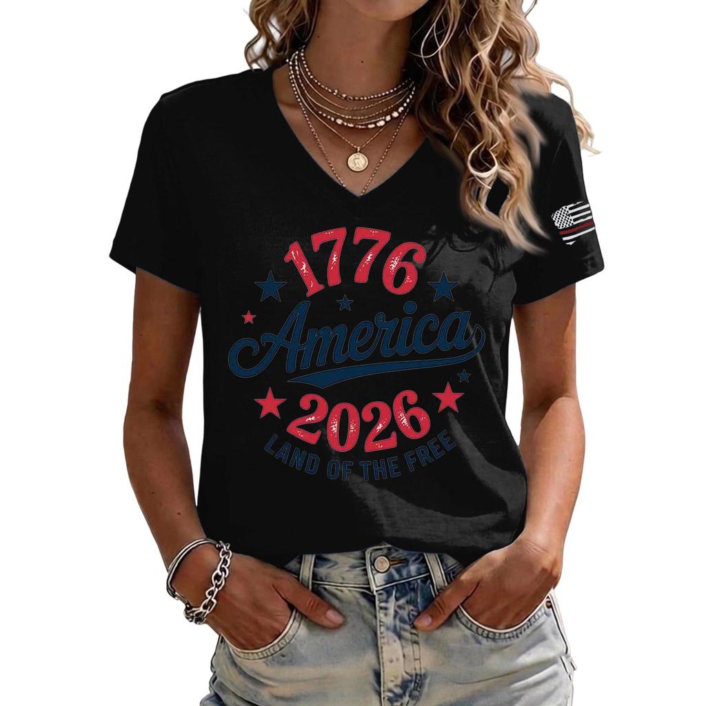 Womens Casual V Neck Short Sleeve Pullover T Shirt 1776 2026 Land of the Free Printed Top Comfortable Loose Fit Tee