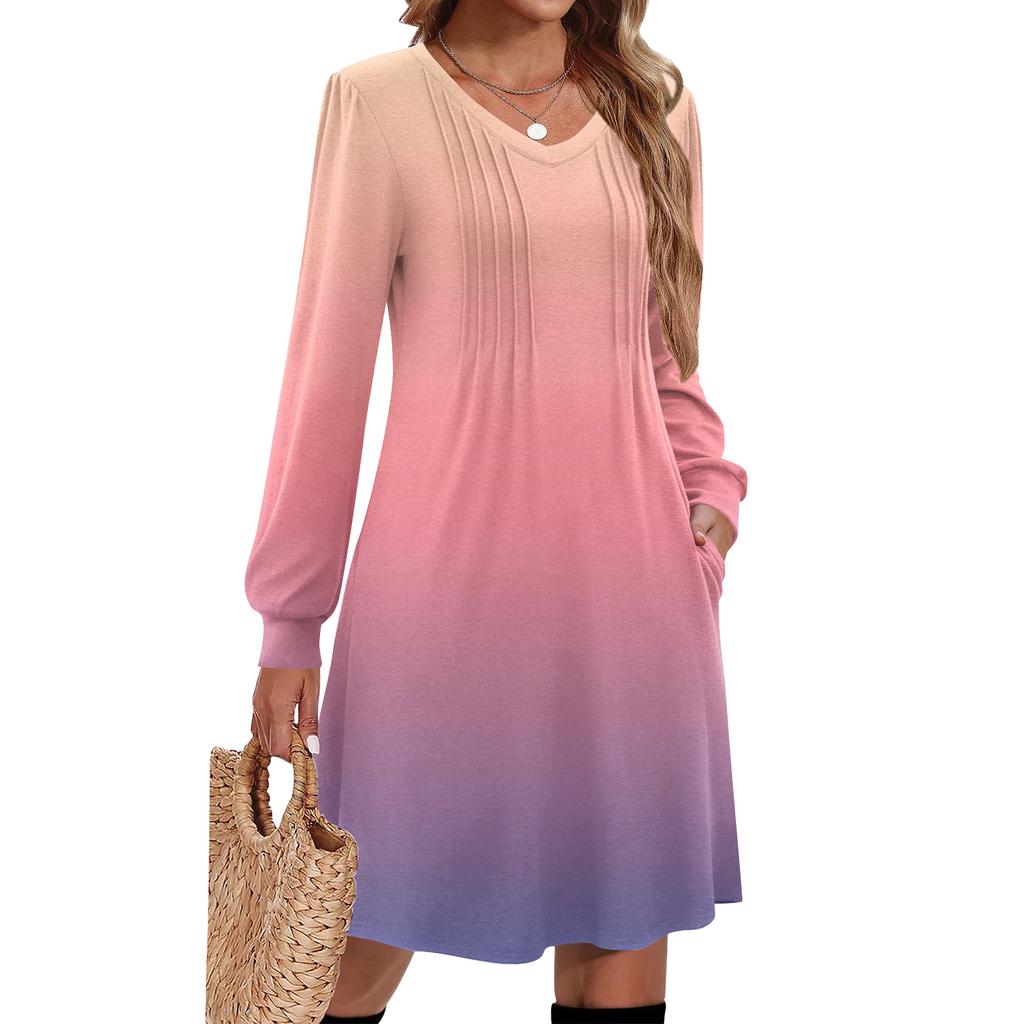 Ladies' Printed Casual And Fashionable V-neck Long Sleeved Mid Length Dress
