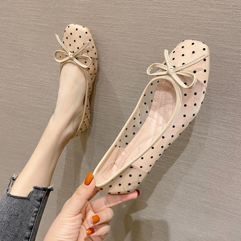 Fashion Flat Shoes for Women Spring Summer Polka Dots Bowknot, Mesh, Breathable Flat Sole Single Shoes for Women Square Toe Boat Shoes