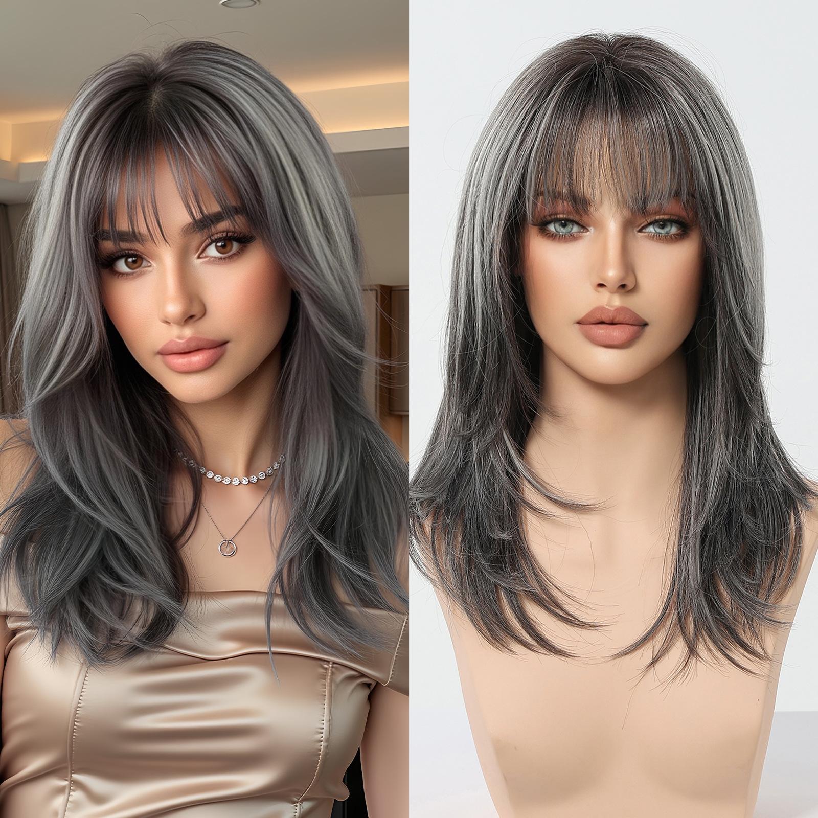 

European And American Wind And Wind Gradually Change Gray High-Level Medium And Long Hair Grandma Gray Wig Air Bangs Natural Fluffy Full Headgear Wigs