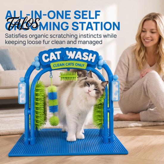 Arche à gratter pour chat, Station de lavage et de toilettage, Auto-toiletteur, Conception de jouet interactif pour voiture, Brosses douces à frotter, Grattoir masseur pour station de chats d'intérieur