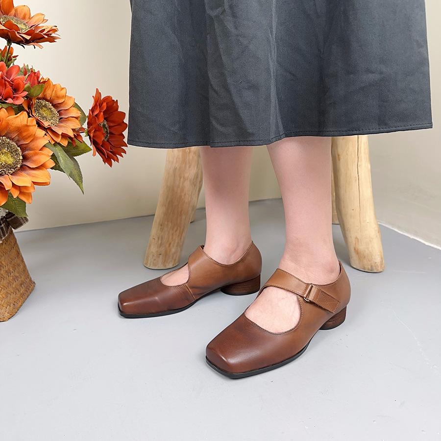 

Johnature Однотонные туфли-лодочки из натуральной кожи с квадратным носком, ретро, универсальные, на низком каблуке, женские 39 хаки