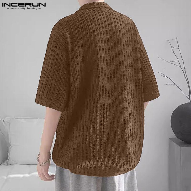INCERUN Plus Size Men Lapel Neck Short Sleeve Texture Casual Shirts Tops