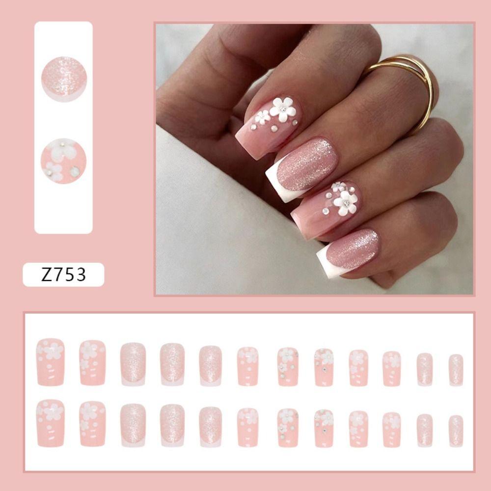 French Edge False Nails White Flowers Press on Nails New Nail Tips  Women Girls