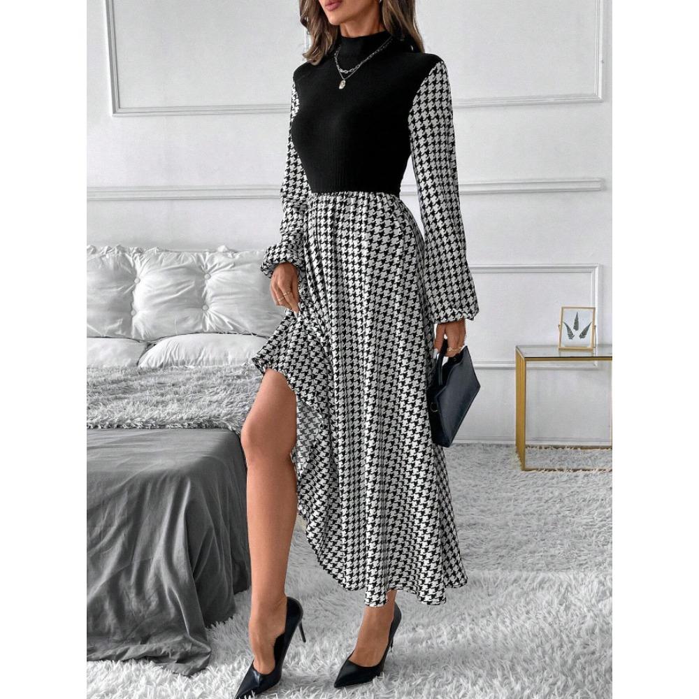 Autumn Winter Lantern Sleeve A-line Women's Dress Vintage Houndstooth Patchwork Maxi Dresses Mock Neck Black Party Dress Female