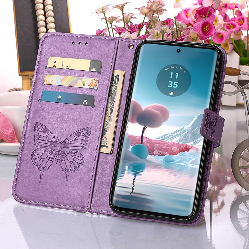 For Motorola Edge 40 Neo 5G Wallet Case with Wrist Strap Butterfly Imprint Leather Phone Cover