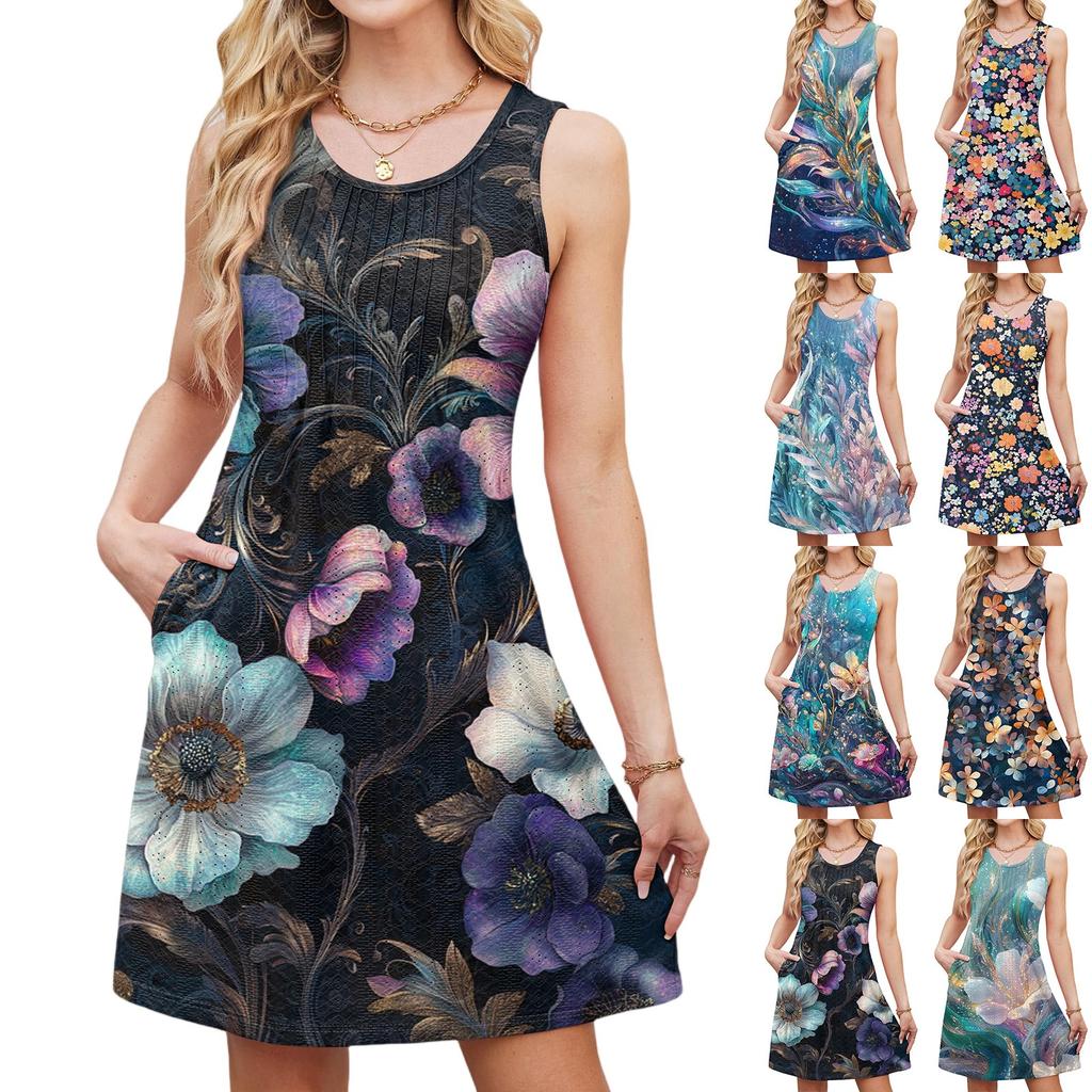 Women's Casual Fashion Breathable Flower Printed Vest Dress With Pockets