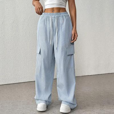 Hose für Damen Allround-Passform Hohe Taille Locker Weites Bein Elastischer Bund Frühling und Herbst Lässig für Gestreift Blau Arbeit