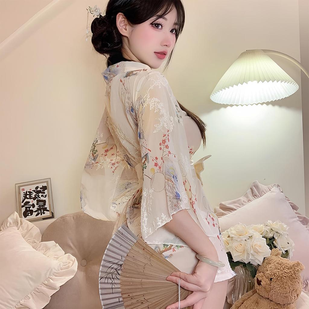 SENMHS Sexy Yukata Cosplay Kimono Japanese Style Lingerie Set and One Size Fits Most Cosplay Costume Babydoll Cute Japanese Style 4-Piece [Beige]