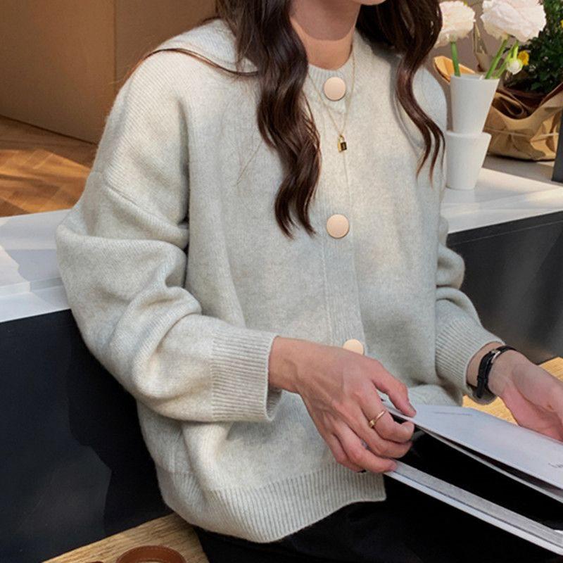 Damen Strick-Cardigan im koreanischen Stil mit Rundhalsausschnitt - Einreihig, Unifarbe, Lockere Passform, Pullovermantel für Herbst/Winter.
