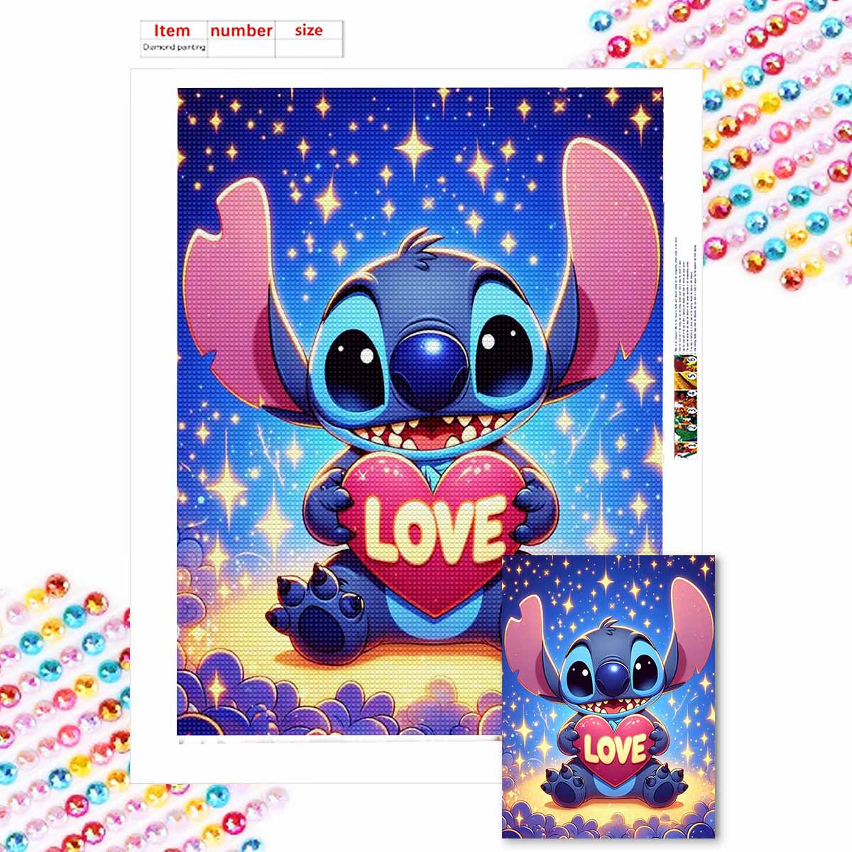 

Полная круглая алмазная живопись Любовь Стич Искусство Стразы Картина Мозаика Сделай сам 5D Вышивка крестом Домашнее украшение Round 20x30cm