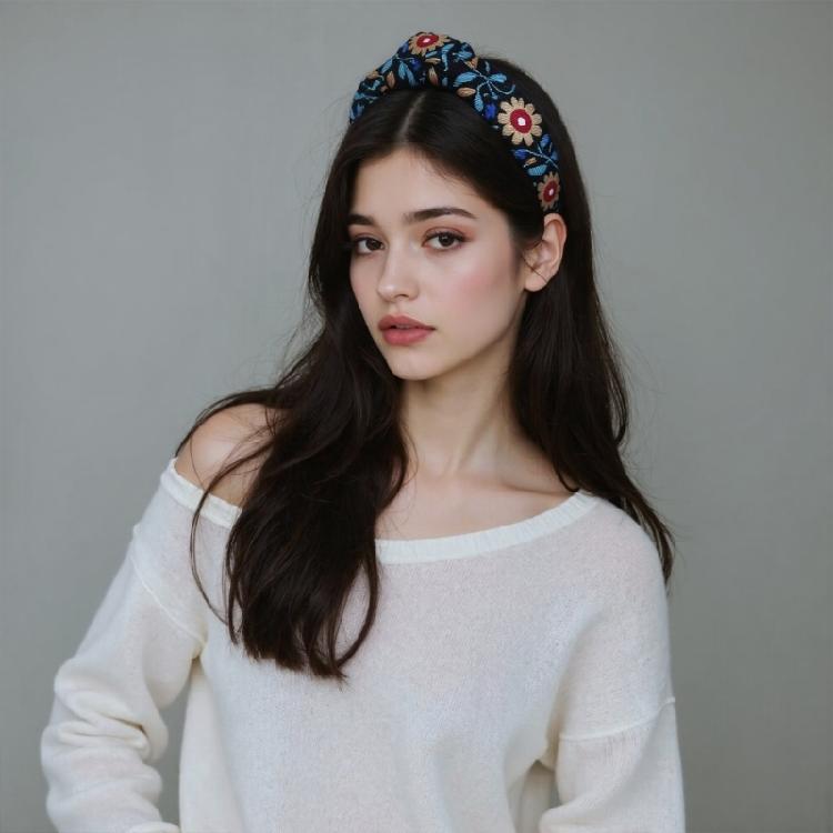 Mexico Embroidery Flower Knotted Headbands Wide Hairhoop for Women Special Occasion and Festival Dressingup Accessory