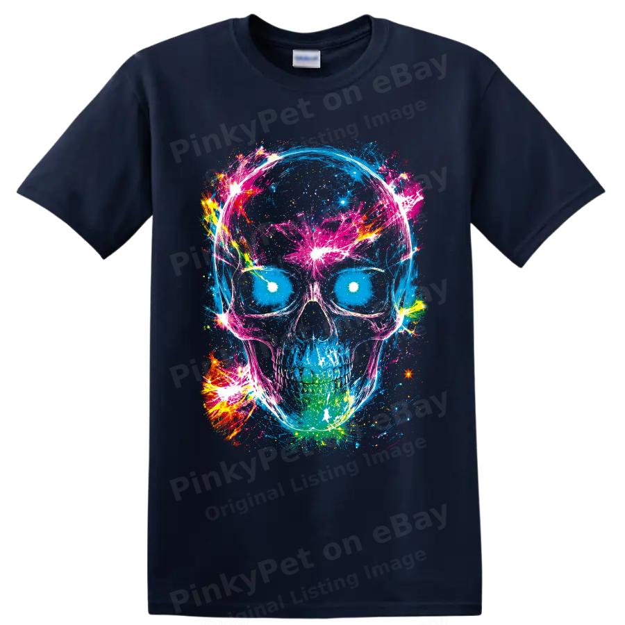 Neon Skull T Shirt W/ Abstract Paint Splatter Gothic Art Graphic Tee Unisex
