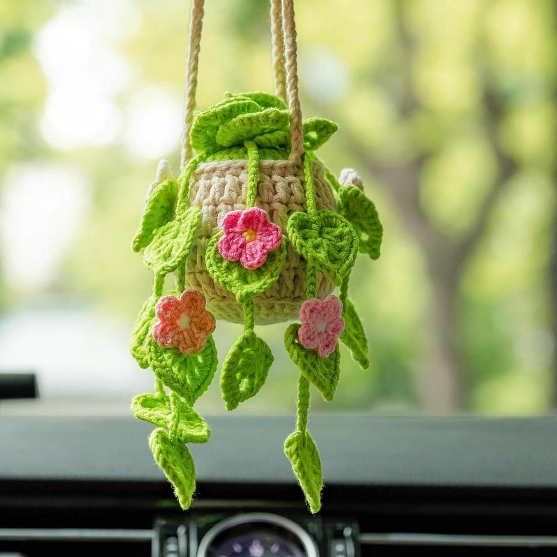 For Car Pendant Handmade Knitted Weaving Hanging Basket Flower Rearview Mirror Decoration Car Creative Pendant
