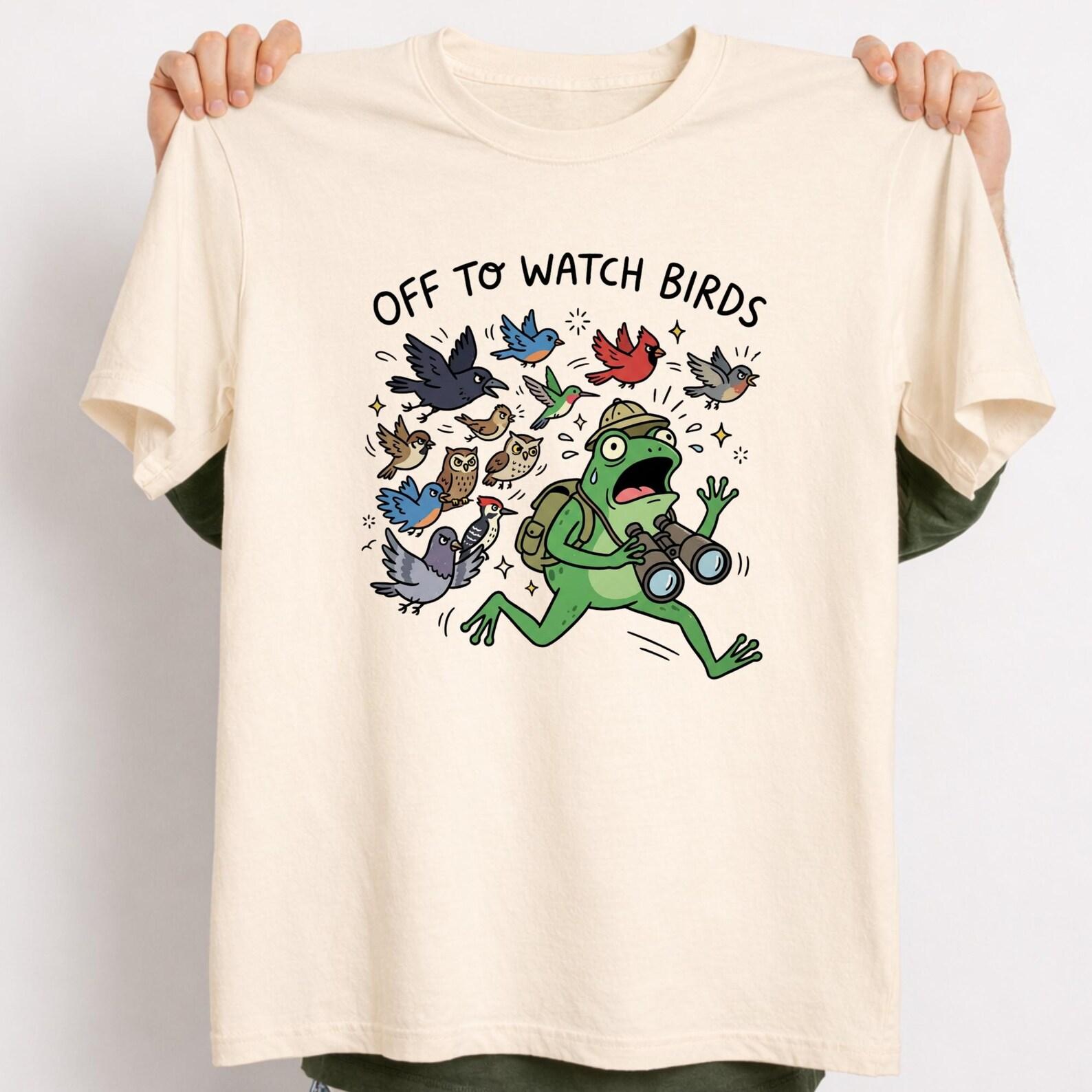 Off To Watch Birds Shirt - Funny Frog Bird Watching T-Shirt - Panicked Froggy Birder Graphic Tee, Retro Nature Lover Gift, Chaotic Animal. S