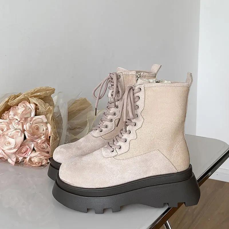 Women's Boots Platform Footwear With Laces Shoes For Woman Half High Mid Calf Lace-up Pink Work Quality On Offer Chic Point Hot