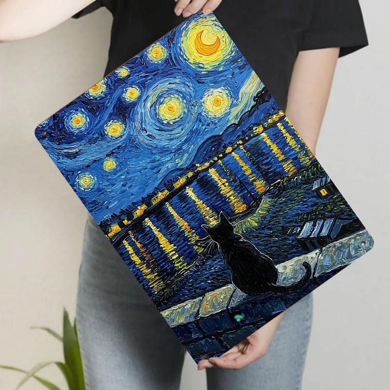 Van Gogh Sternennacht Schwarze Katze blickt auf See-Reflexion Dekorative Metall-Wandkunst