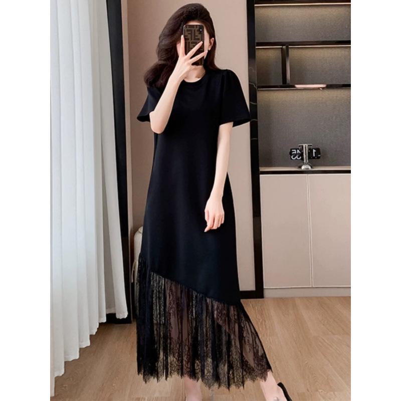 French Lace Patchwork Plus Size Summer Dress - Elegant Loose Short Sleeve Skirt for Women