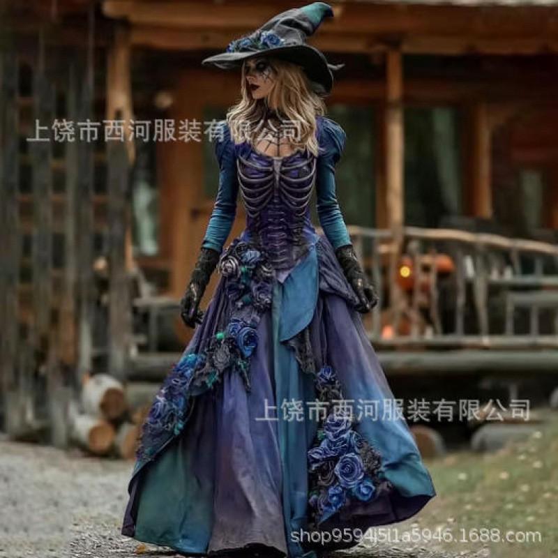 Abito Lungo da Donna con Stampa Sfumata Teschio Rosa Gotico Streetwear di Halloween