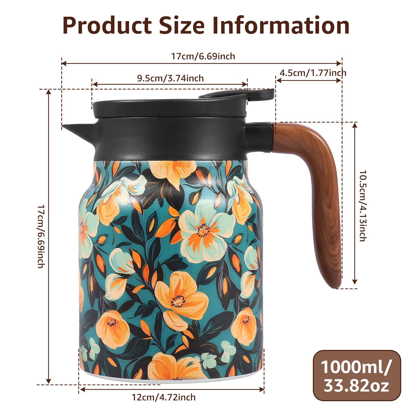 

Vintage Flower Pattern Teapot 33.82oz Vacuum Insulated Stainless Steel Thermal Teapot with Removable Infuser and Wood Handle