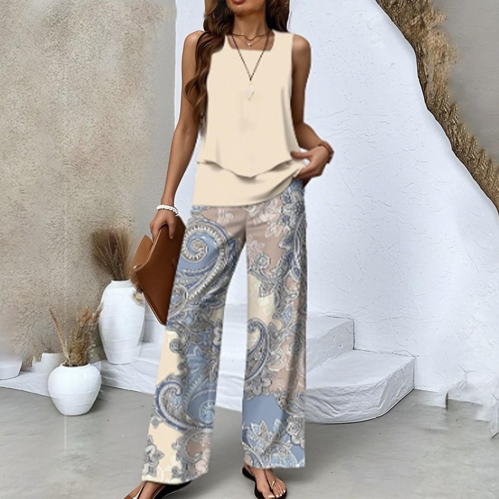 

Women s Two-piece Summer Loose Sleeveless Double-layer Vest Top, Casual Pants Vacation Set XXL бежевий