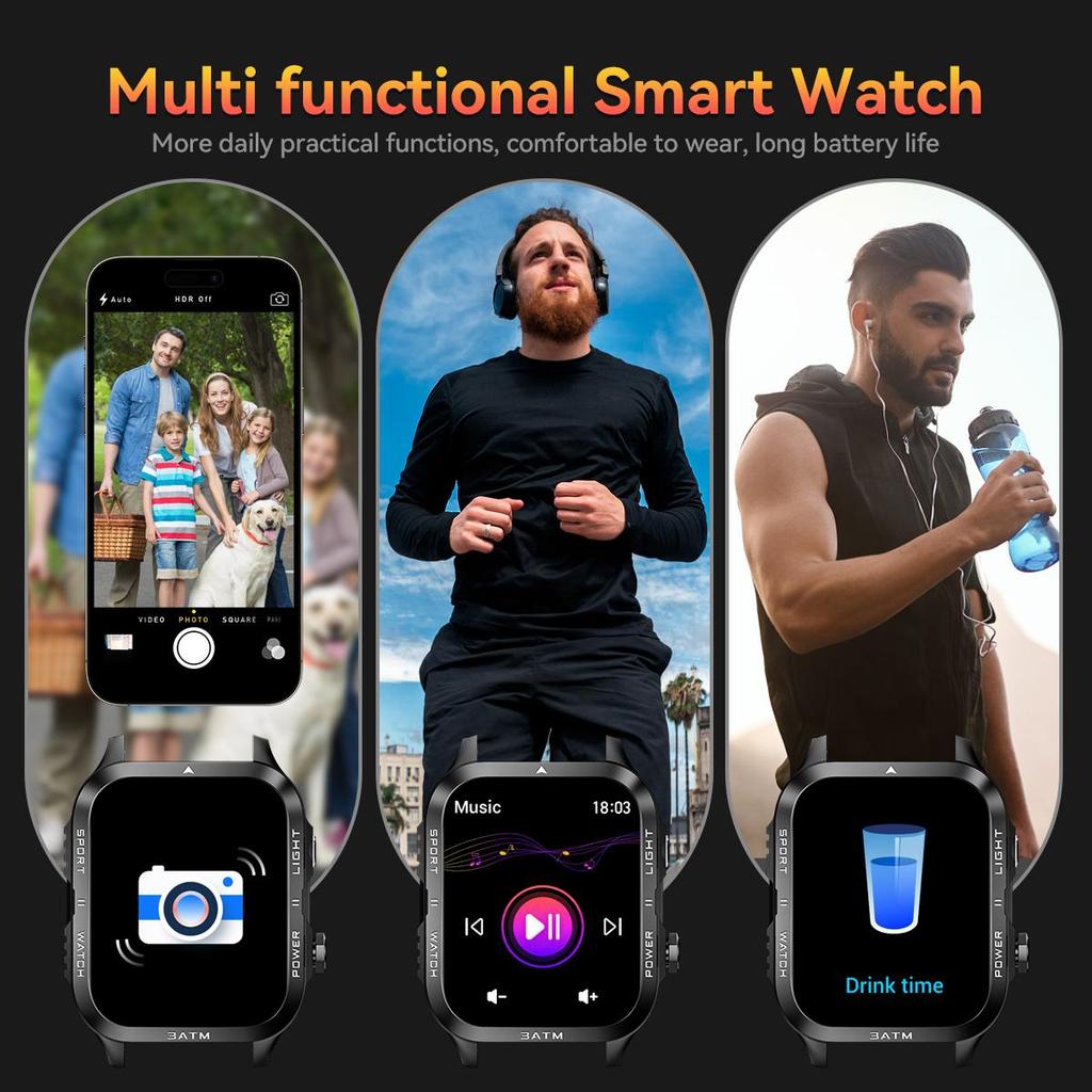 Smartwatch, QTLLBT, Outdoor-Sportuhr, unterstützt kabellose Anrufe, Fernfotoaufnahme und Musiksteuerung, überwacht über 100 Sportmodi, Herrengeschenk