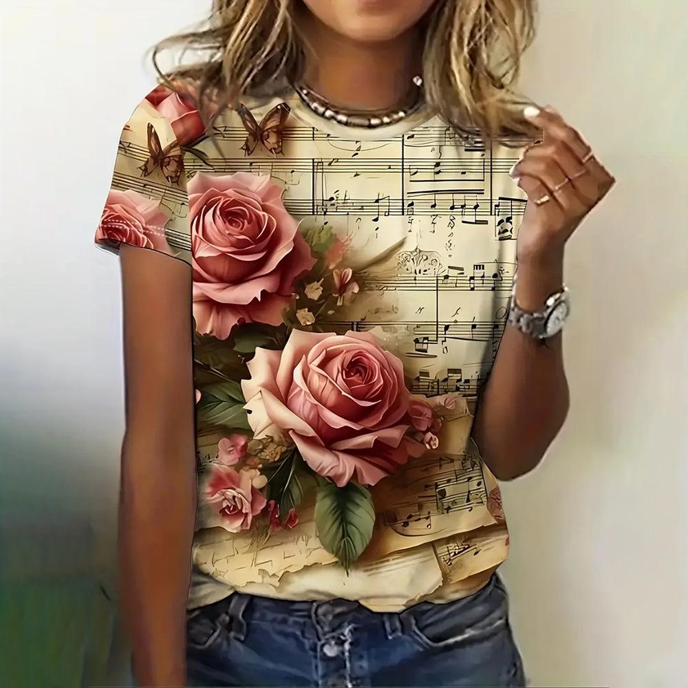 

Summer Women s Rose Y2K Pattern Short Sleeve Summer Crew Retro T-shirt 6XL
