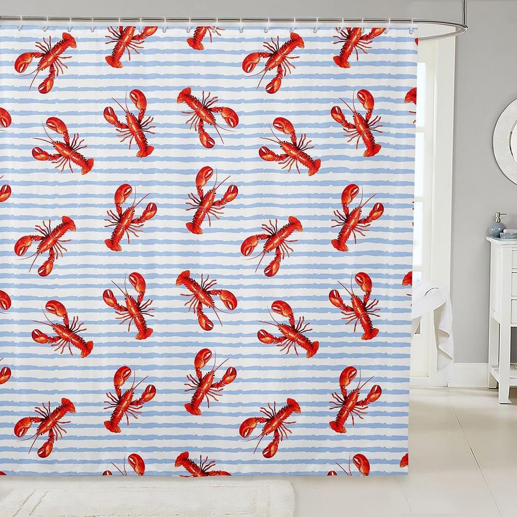Nautical Lobster Pattern Waterproof Shower Curtain 180X180Cm - Funny Marine Theme Fabric Bath Curtain For Kids & Adults