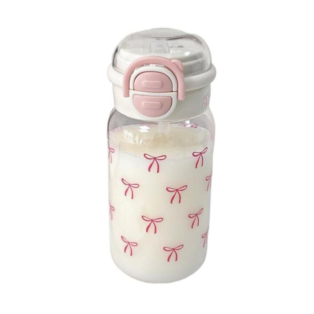 500ml Capacity Water Cup Pink Bow Printing Sippy Cup Portable Straw Water Bottle  Gifts