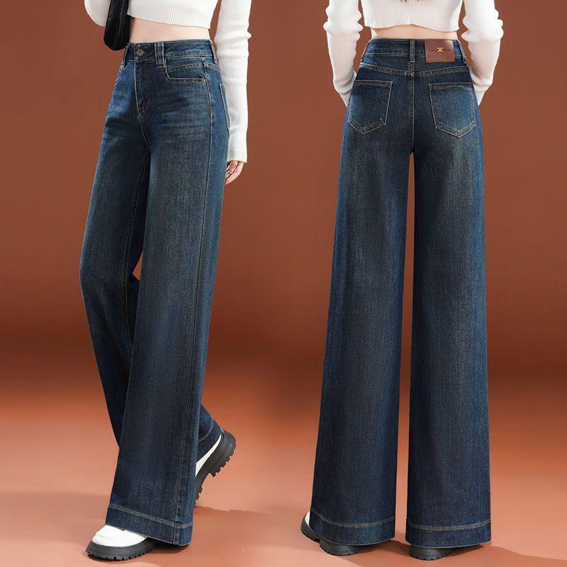 Women's Retro Wide-Leg Jeans: High-Waisted, Fleece-Lined, Slimming, Loose Fit, Floor-Length, for Autumn/Winter 2025