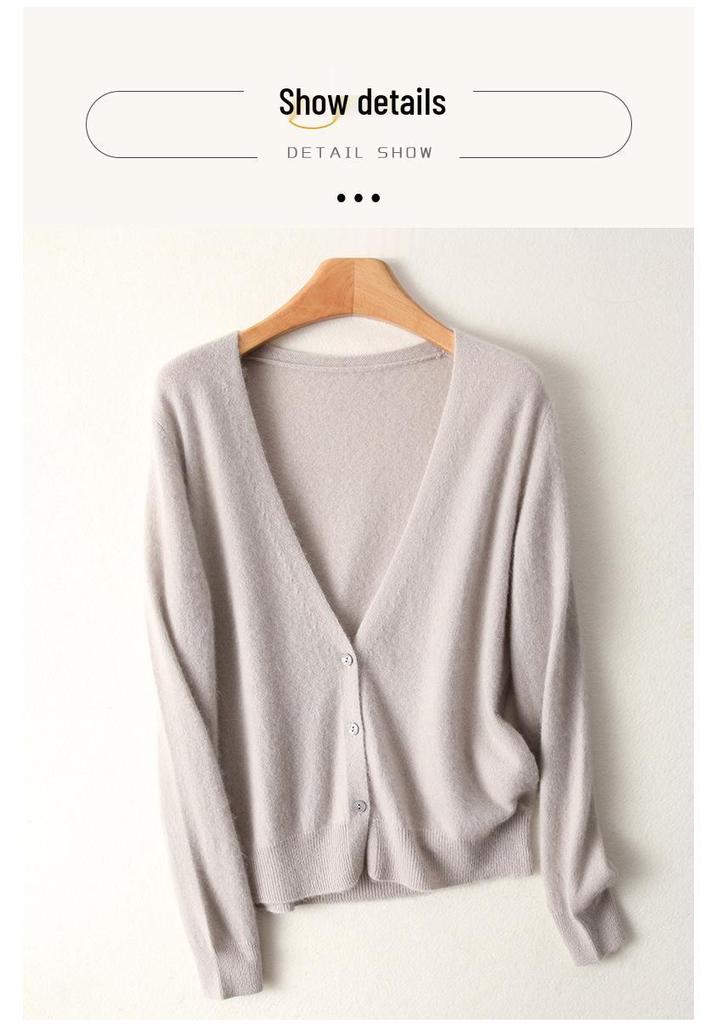 Women's V-neck Wool Knit Cardigan - Autumn/Winter Solid Color, Long Sleeve, Loose Fit Sweater.