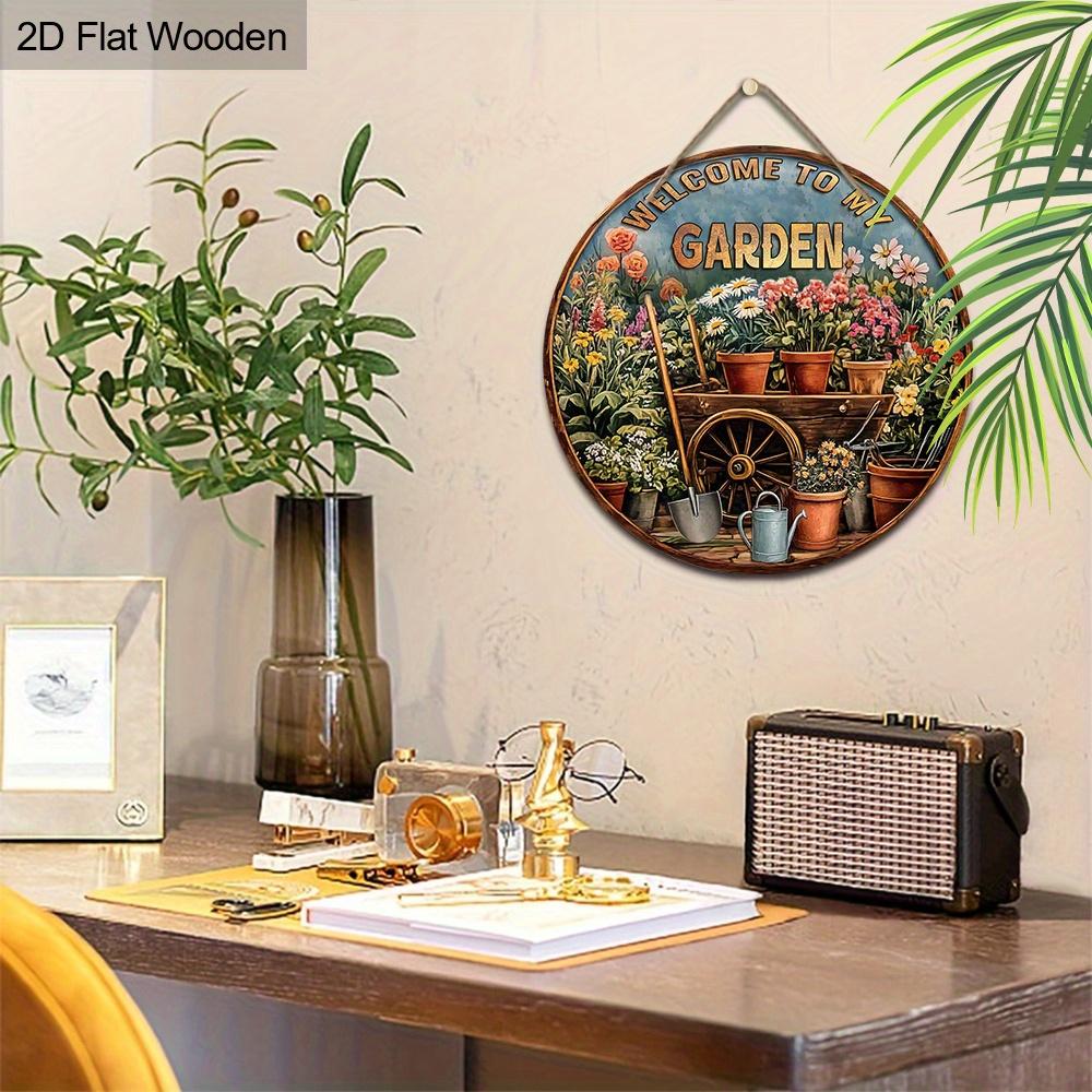 Vintage Wooden Welcome Sign with Garden Bonsai Pattern - Unique Round Sign for Front Door, Wall, Porch Hanging Decor - Ideal Home Hanging Ornament