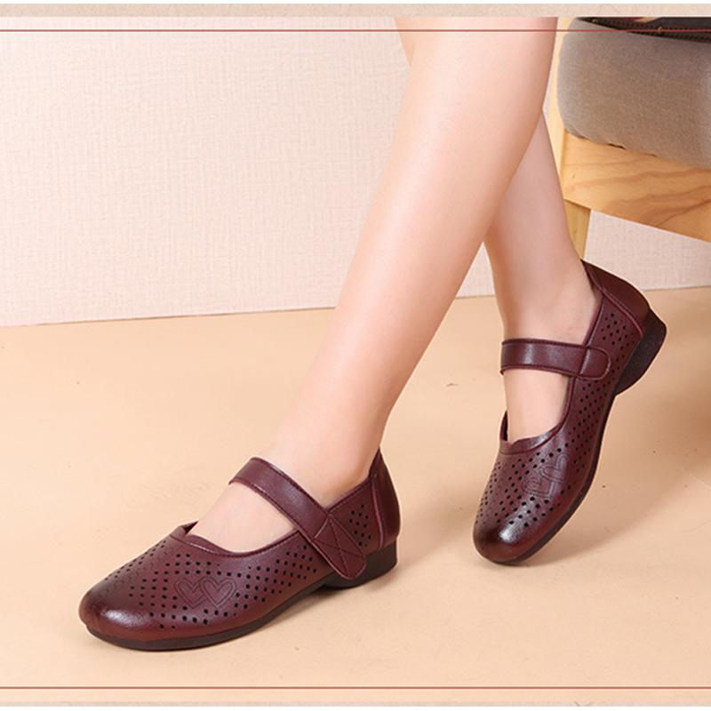 Spring Summer Mary Jane Shoes Women Flat Non-slip Casual Breathable Holes Soft Footwear Black Red Plus Size 41 D385