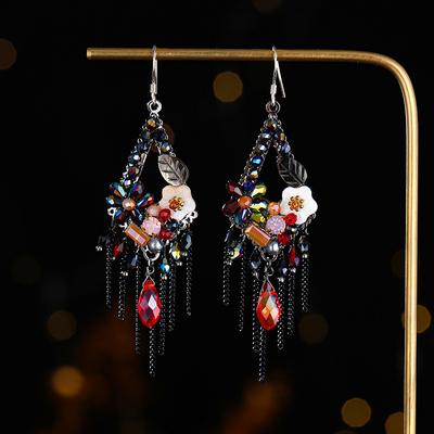 Handmade Crystal Fringed Earrings, Retro Bohemian Earrings, Long Niche High-end Exaggerated Earrings.