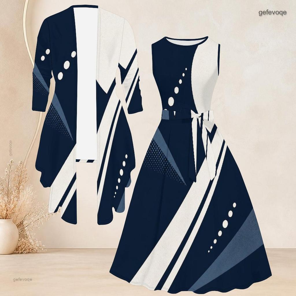 Women Plus Size Geometric Printed Two Piece Set Round Neck Sleeveless Tie Waist Flared Dress 3 4 Sleeve Open Cardigan
