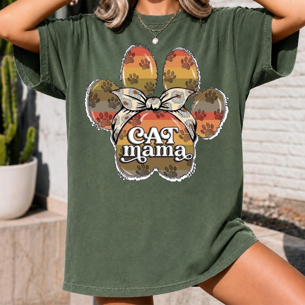 Cat Mama Comfort Colors Shirt, Floral Bow Paw Pad Tee, Cute Kitten Mother Gift, Vintage Earth Tone Feline Graphic Top, Casual Unisex Outfit