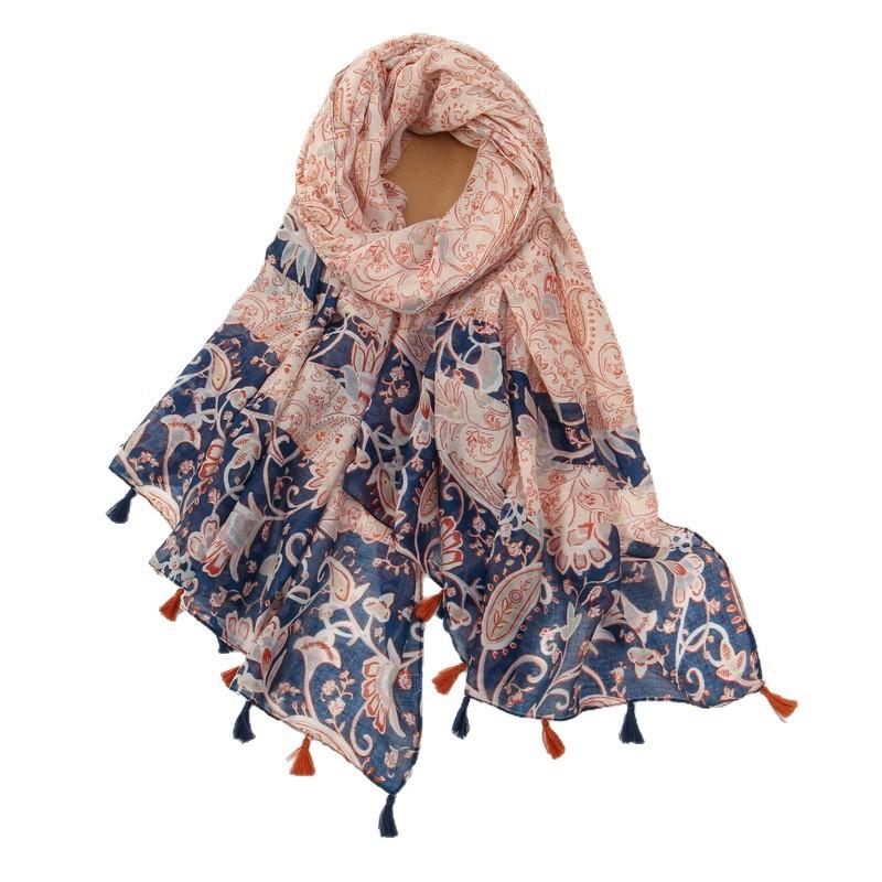 New Small Fresh Hanging Beard Cashew Literary Cotton Hemp Scarf Women's Summer Travel Thin Sunscreen Shawl Sunshade