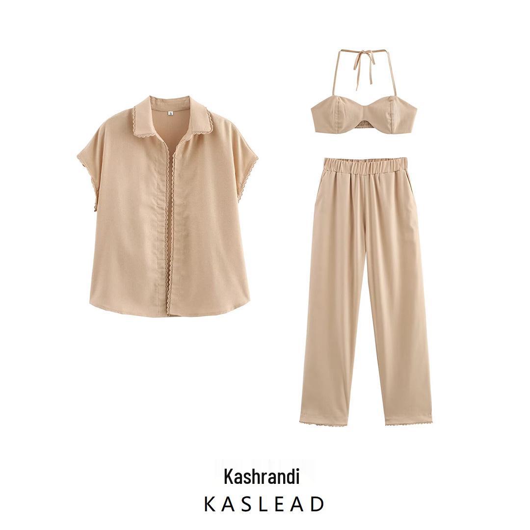 

2025 Spring Women s European & American Style Fashion Temperament Shirt, Camisole, and Long Pants Three-Piece Set Small