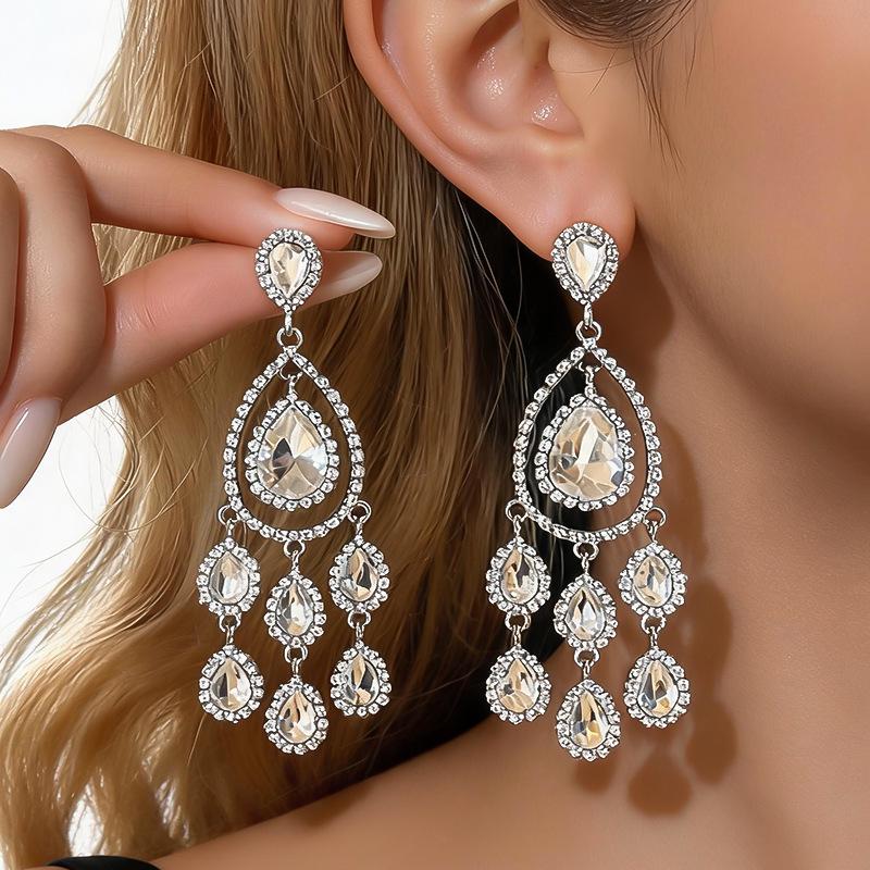 Silver Needle Rhinestone Tassel Stud Earrings: Elegant Niche Design with Water Drop for Women