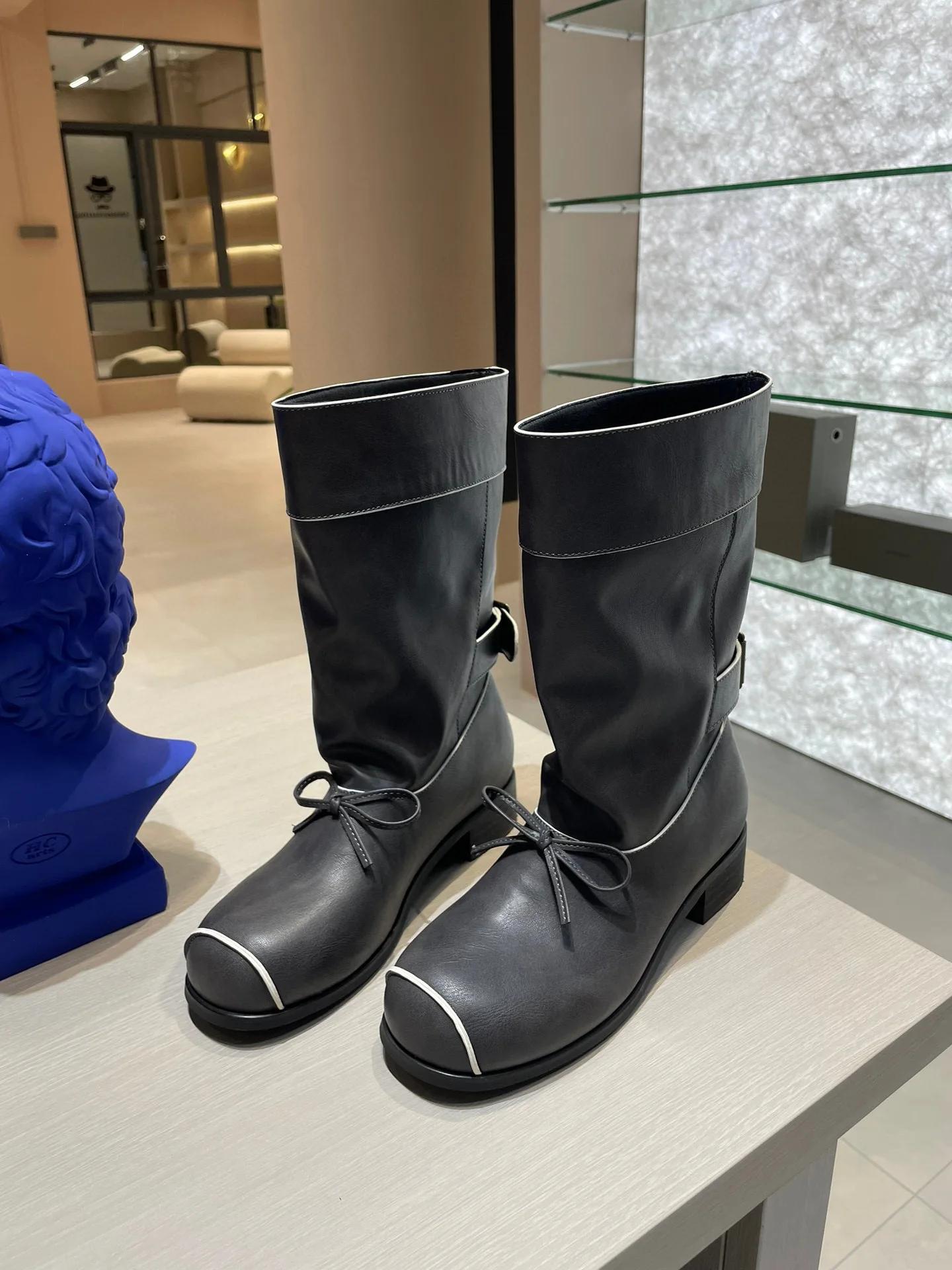 

2025 New Design Women s High Boots Round Toe Butterfly-Knot Decoration Solid Color Slip on Mary Jane Loose Mid-Calf Boots Female 40 серый