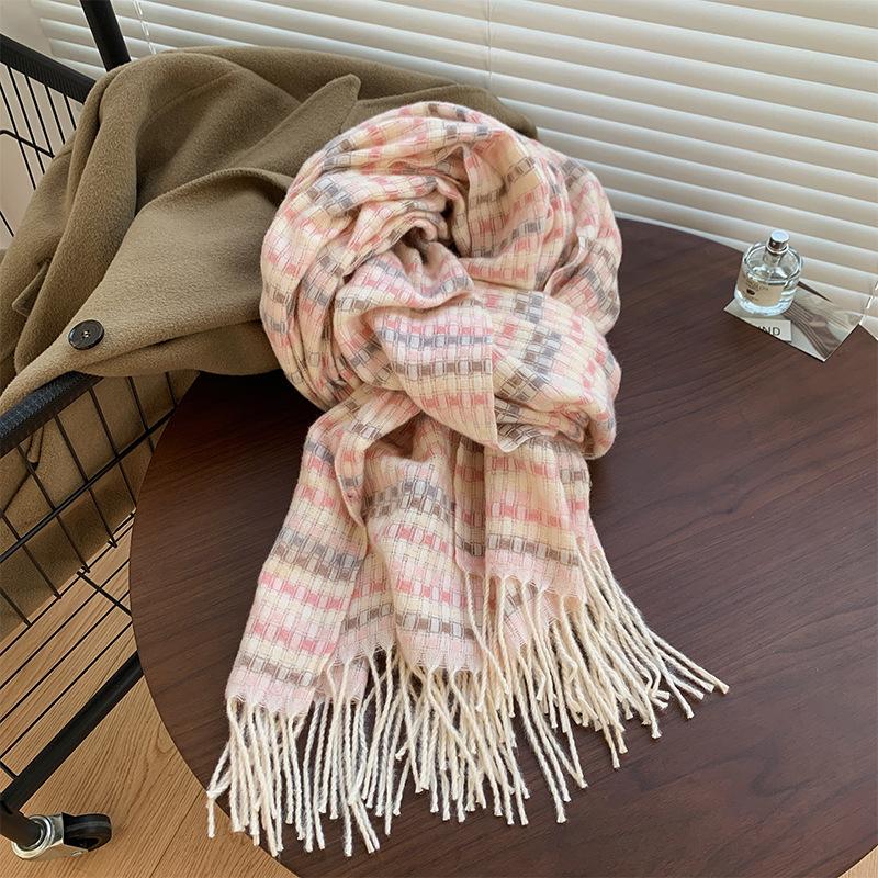 Rainbow Plaid Scarf for Women Winter Korean Version Sweet Soft Girl Student Versatile High End Scarf Thickened Warm Shawl