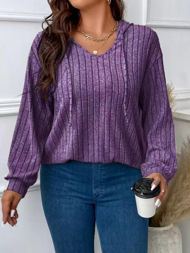 Plus Size Women Ribbed Knit Hooded Top V Neck Drawstring Long Sleeve Loose Casual T Shirt Fall Winter Basic Blouse