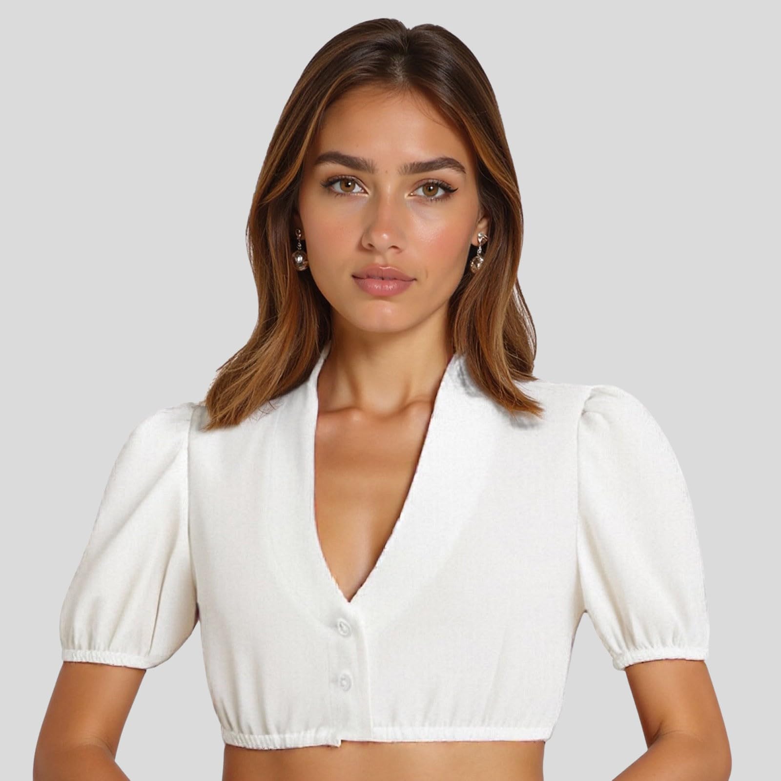 Women Crop Top Button Down Shirt Puff Sleeve V Neck Blouse Elastic Waist Casual Summer Fashion M белый